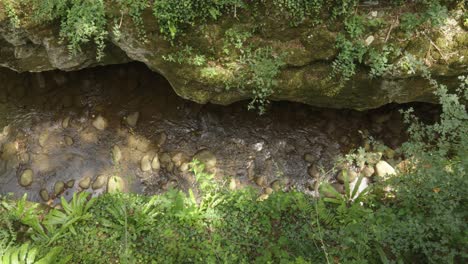 Kleiner-Fluss-Mit-Klarem-Wasser-Auf-Grauen-Steinen-Zwischen-Einem-Grünen-Graslandpfad,-Statisch