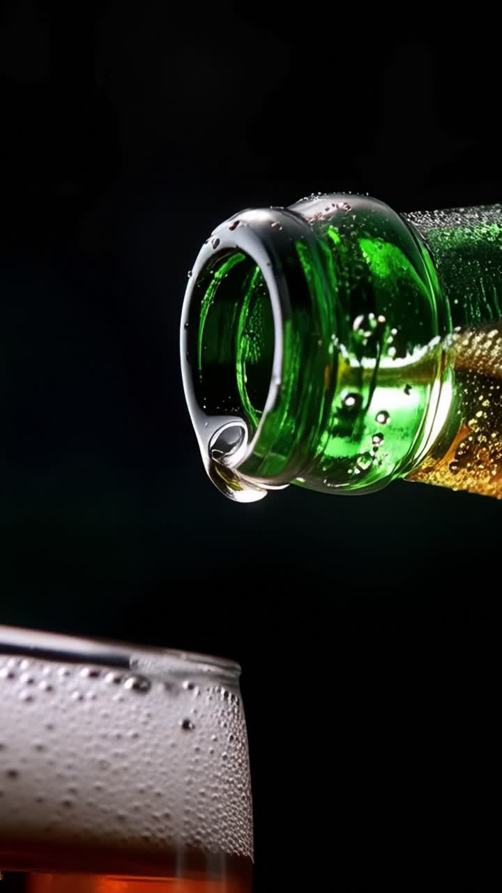 Fængslende nærbillede af gylden drik, der hældes fra grøn flaske i glas med glitrende bobler og forfriskende tekstur mod sort baggrund