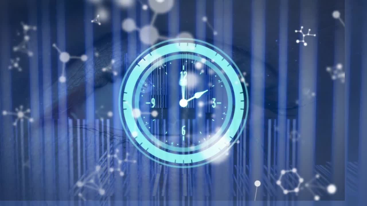 백인 여성의 모양과 눈 위로 움직이는 시계의 애니메이션