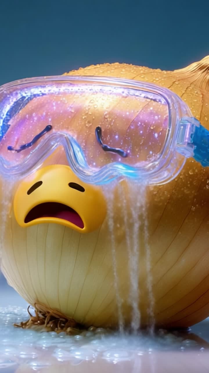 Eine traurige Zwiebelfigur mit Schwimmbrille, die Emotionen ausdrückt und Tränen vergießt, wodurch ein humorvoller und doch nachvollziehbarer Moment in einem spielerischen Animationsszenario entsteht.