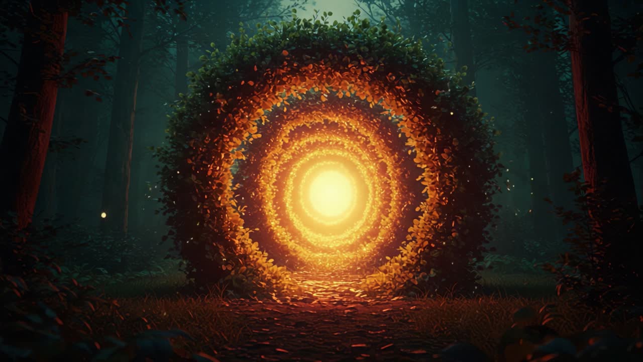 A Mystical Portal Surrounded by Lush Greenery Glowing with Warm Light, Inviting Exploration and Wonder into the Enigmatic Forest Realm Beyond
