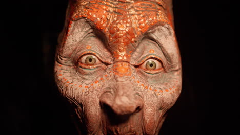 Mystic-ancient-witch-demon-wooden-sculpture,-ancient-future-inspiration