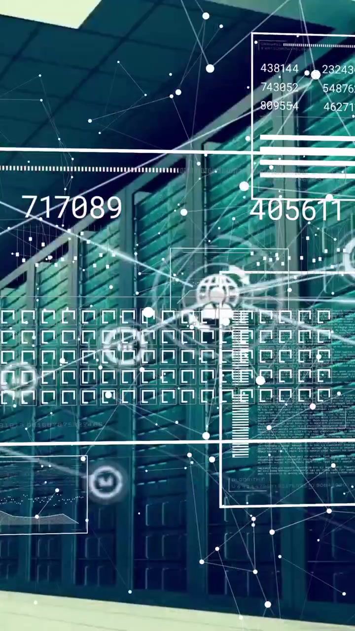 Animasjon av databehandling og medieikoner over et serverrom