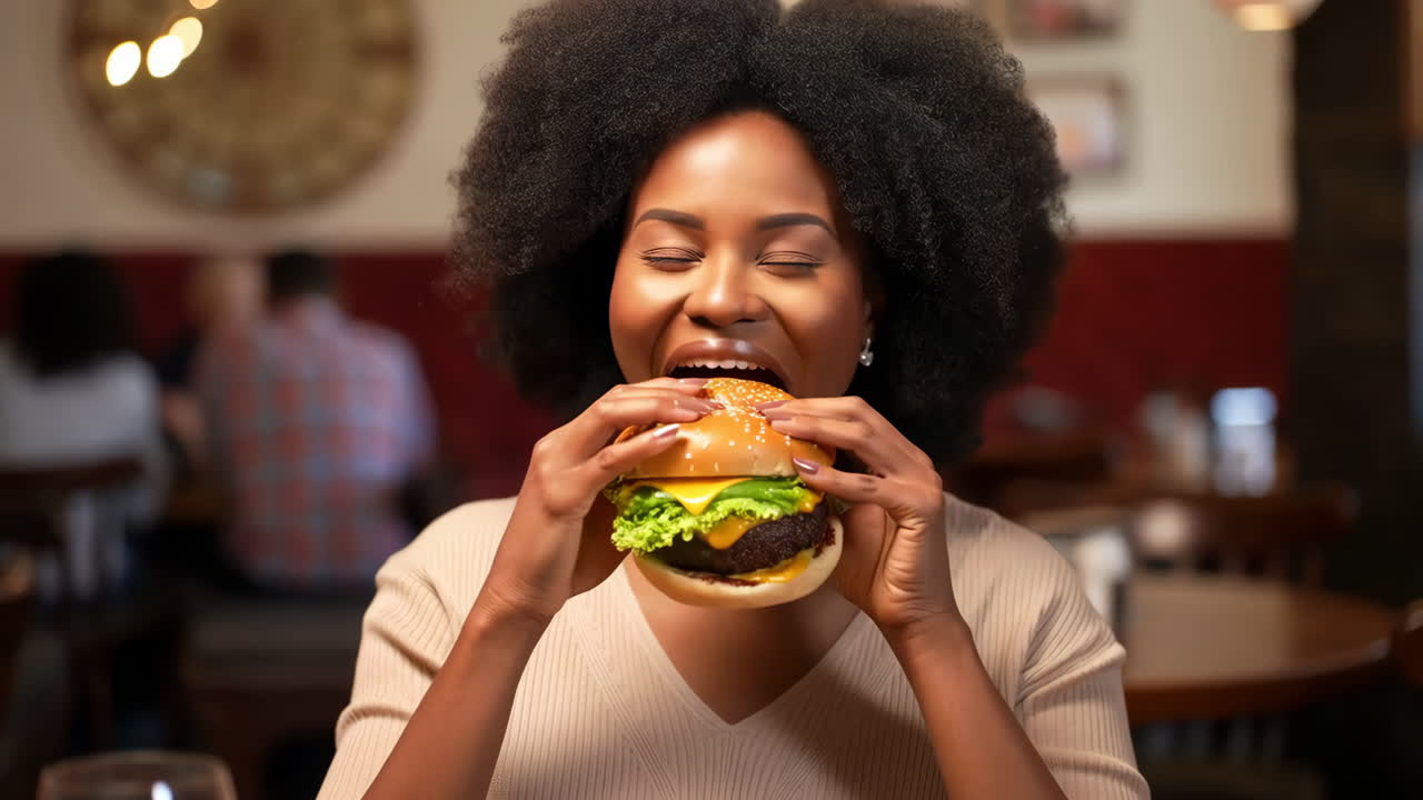 Mulher comendo alegremente um hambúrguer