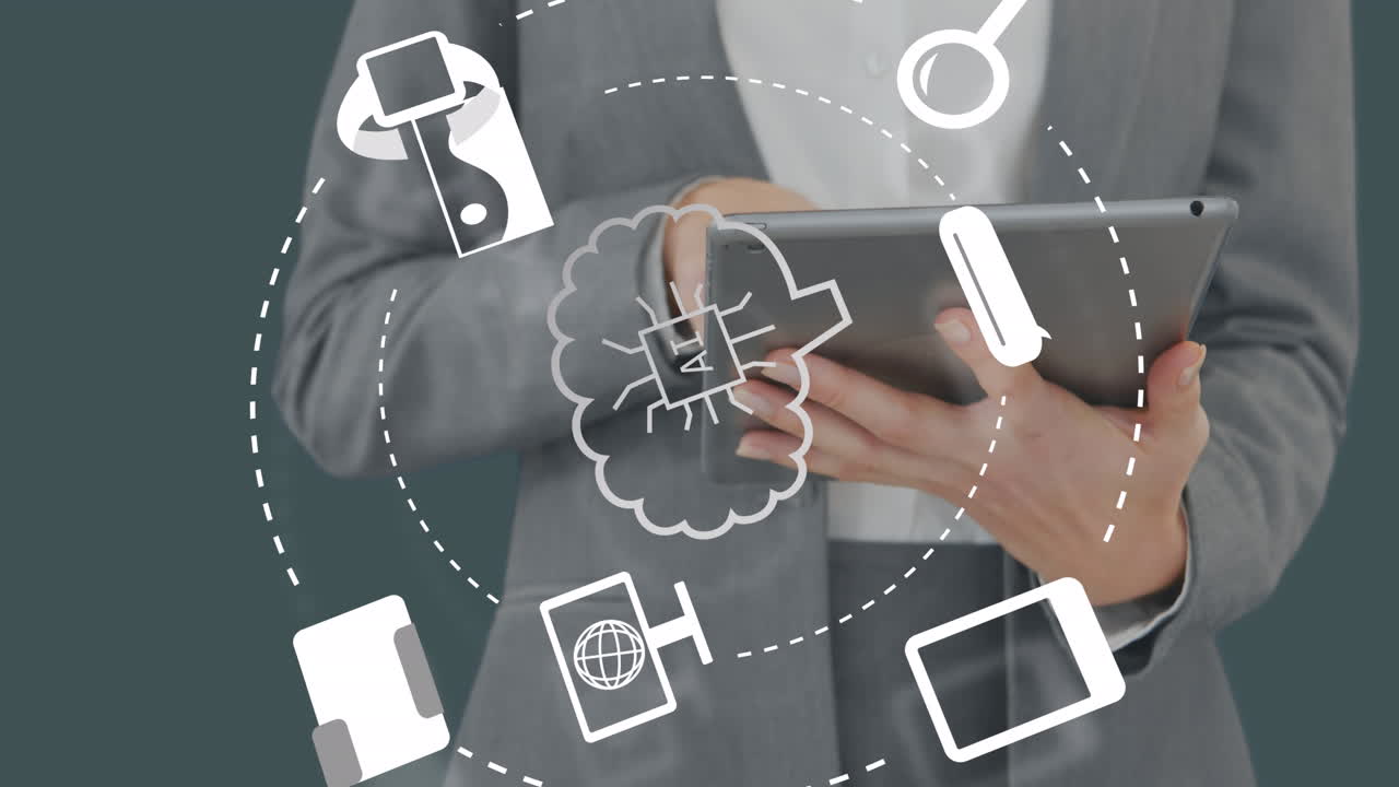 태블릿을 사용하는 백인 사업가 여성에 대한 ai 데이터 처리 및 아이콘의 애니메이션