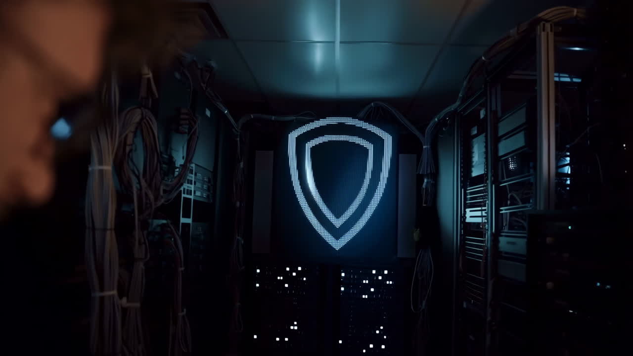 Digital Shield Icon Illuminates a Server Room, Symbolizing Cybersecurity