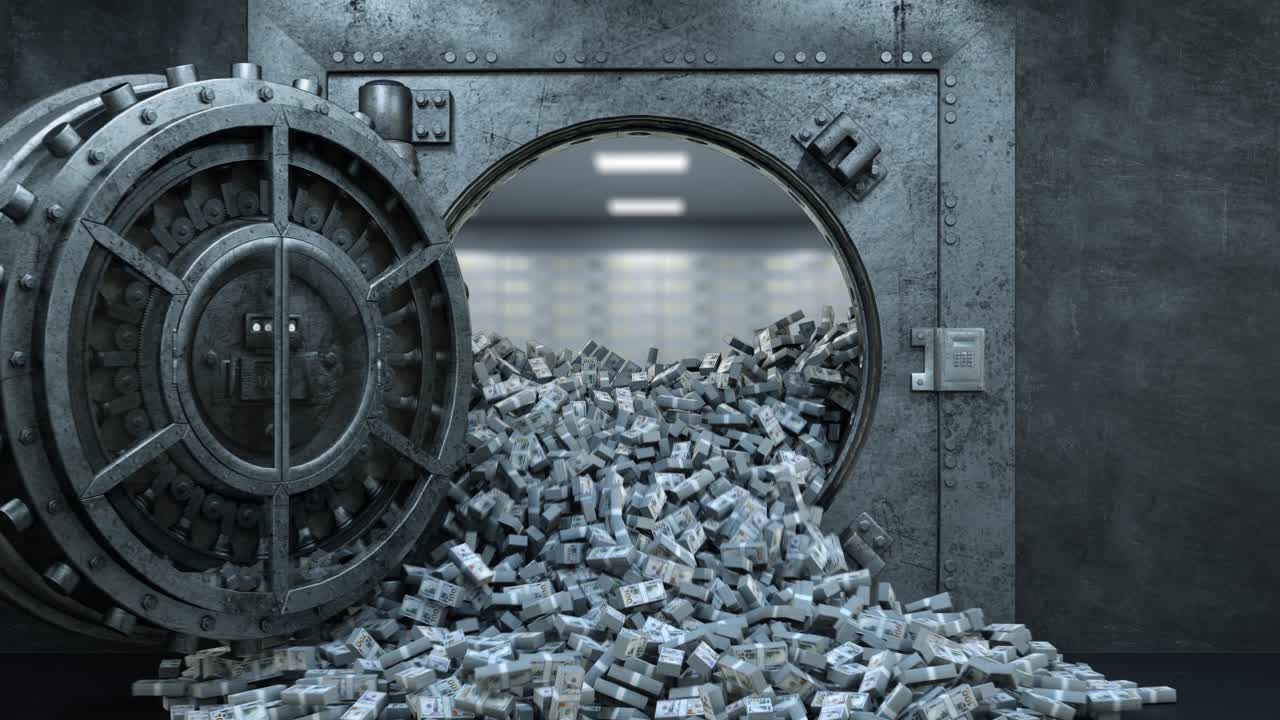 Opening of the vault door in bank with a lot of money