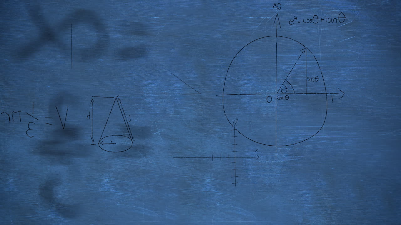 복사 공간과 함께 파란색 칼보드에 떠다니는 수학적 방정식과 다이어그램의 애니메이션