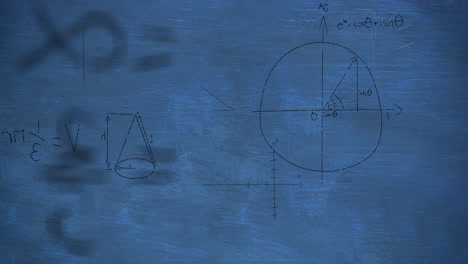 animation of mathematical equations and diagrams floating against blue chalboard with copy space