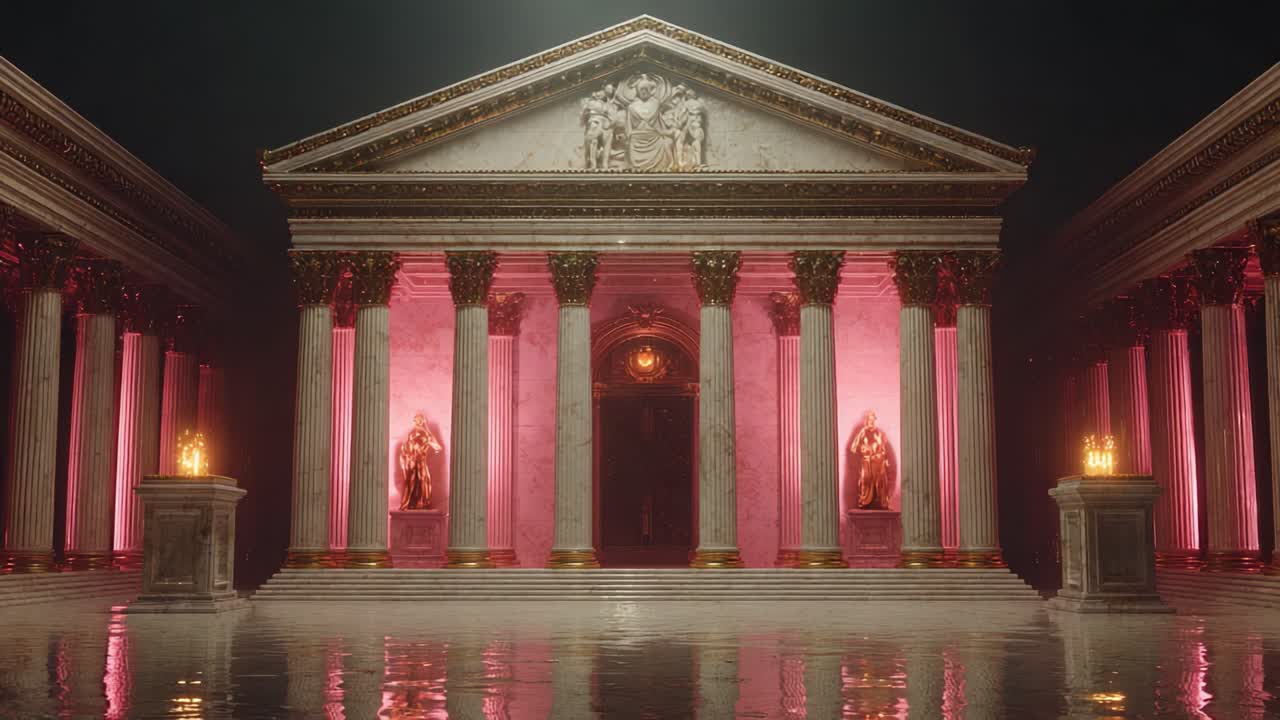 An Enigmatic Ancient Temple Illuminated in Rose-Hued Light with Reflective Pooling Water, Showcasing Statues Under Majestic Columns and Grandeur