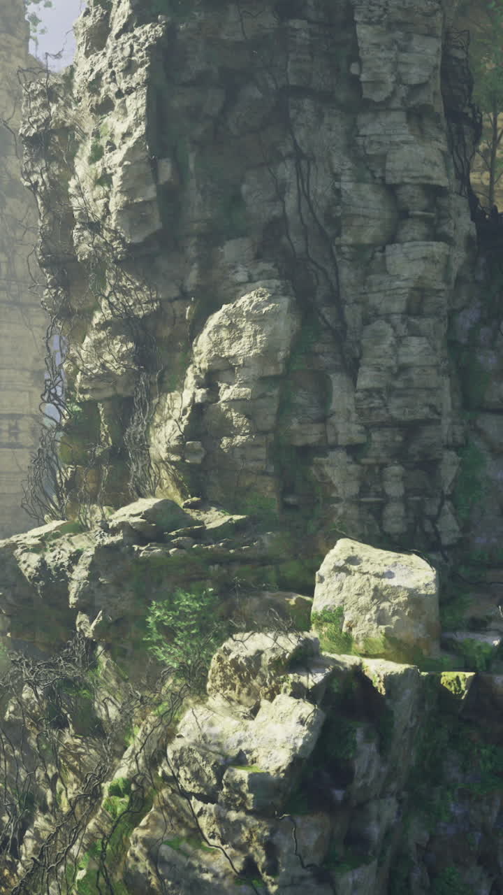 Majestic rocky landscape with greenery in a serene valley during daylight