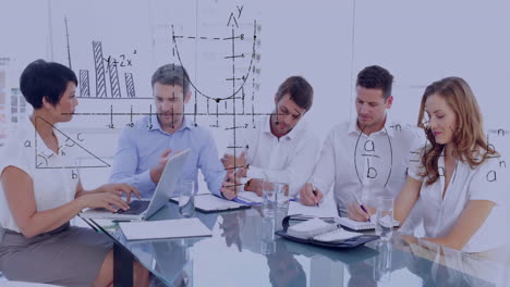 in office meeting, business team discussing animation of graphs and equations
