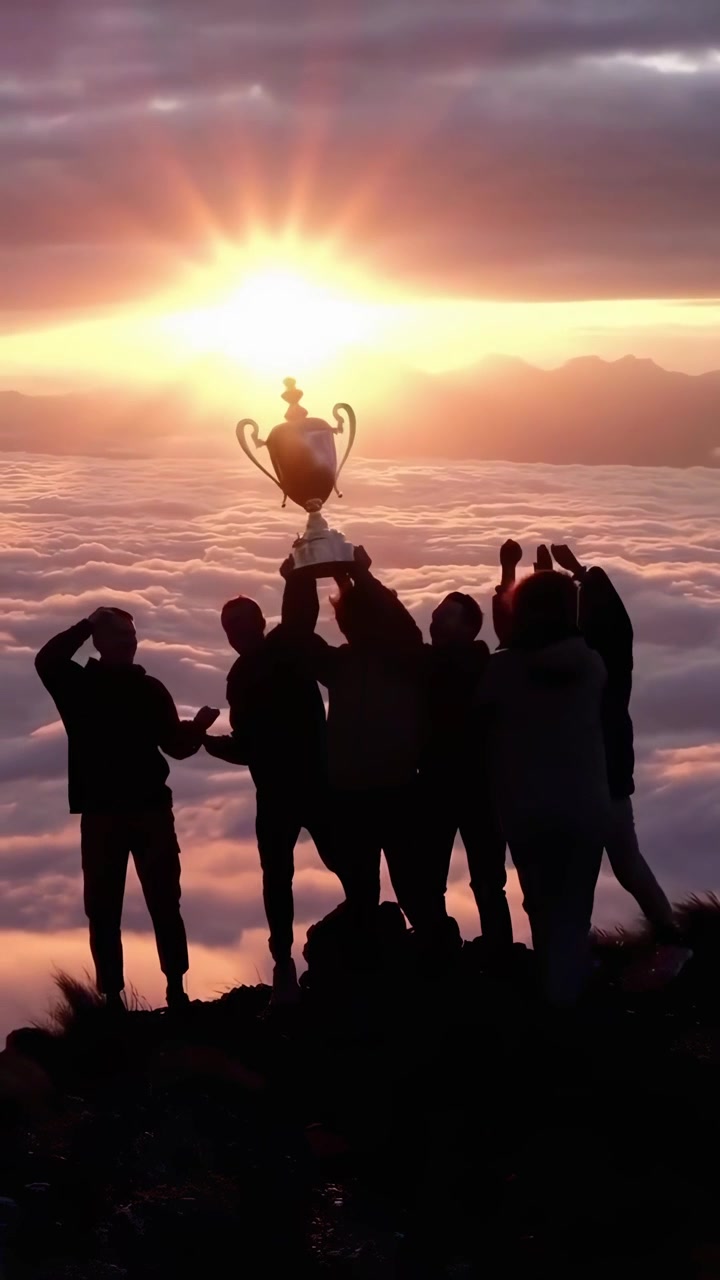 Squadra che celebra la vittoria con un trofeo sulla cima di una montagna sopra le nuvole al tramonto