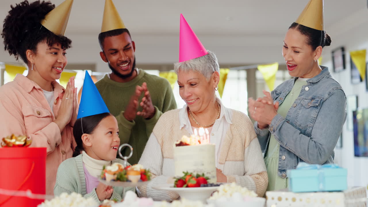 Big family, birthday and cake with celebration