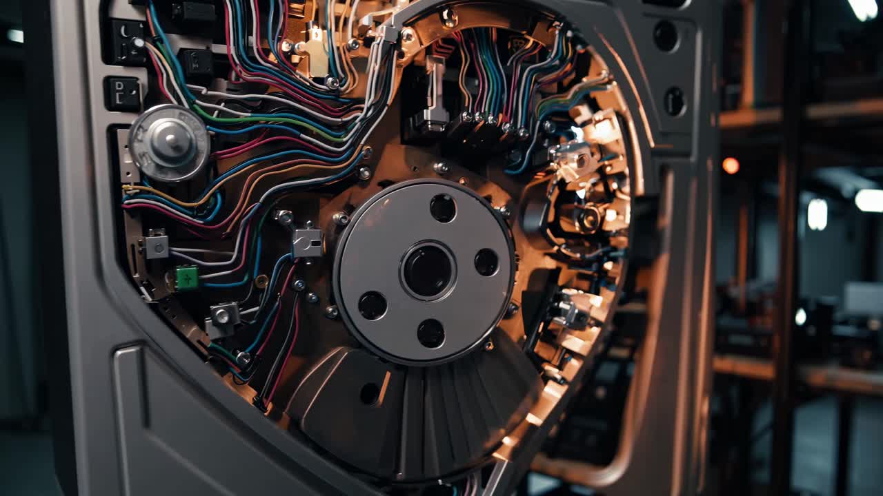 Close-up view of complex machinery internal components