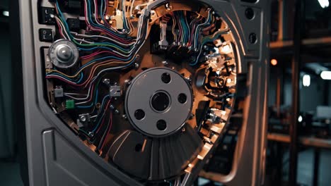 close-up view of complex machinery internal components