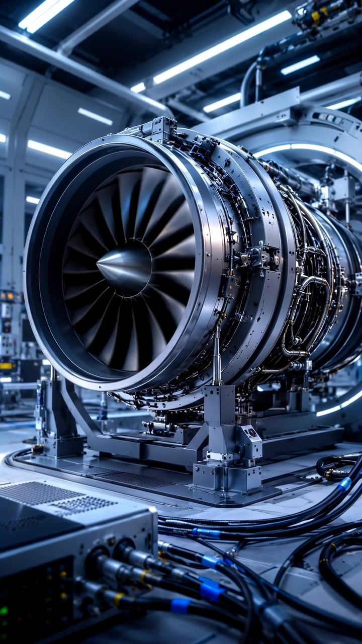 Forward camera movement brings the turbine intake nearer while dark fan blades, polished housing, bundled cables, tubing, and control hardware remain sharply visible under cool overhead lights.