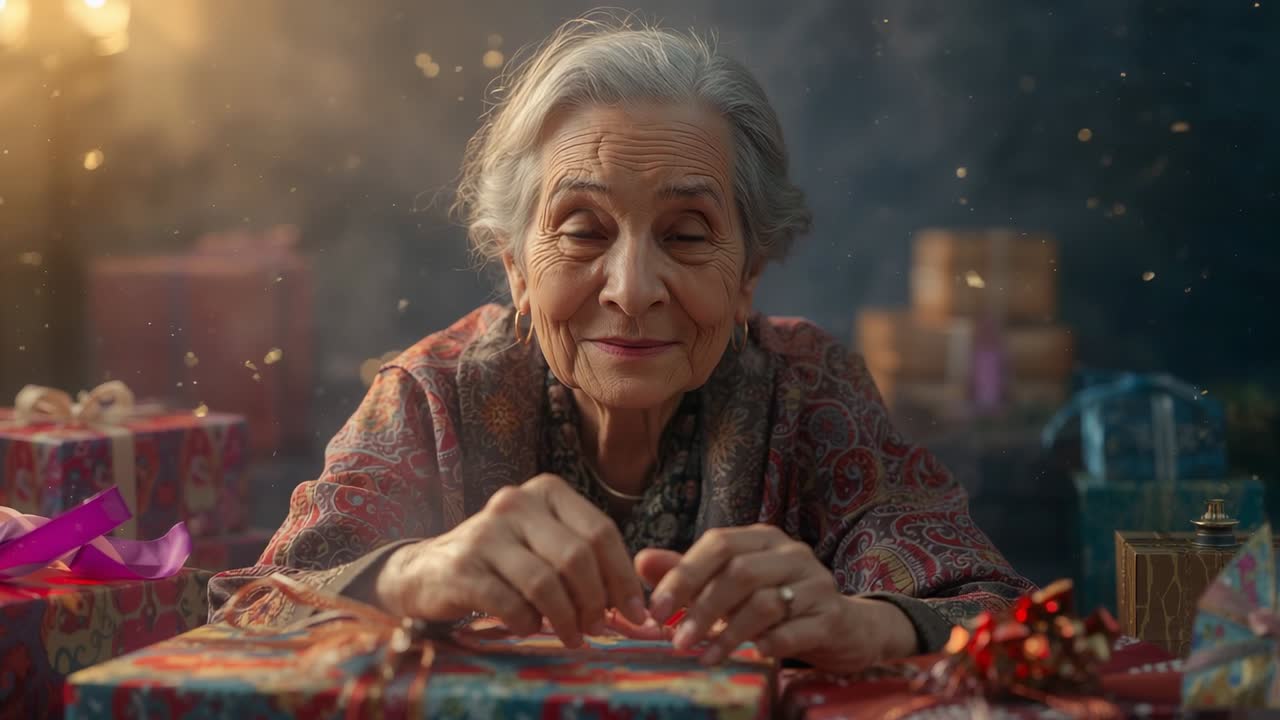 At start senior woman wrapping gift box at home, tying red ribbon bow, greeting, preparing gifts