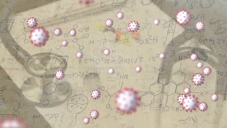 Digital-composition-of-covid-19-cells-moving-over-stethoscope-against-chemicals-structures-on-yellow