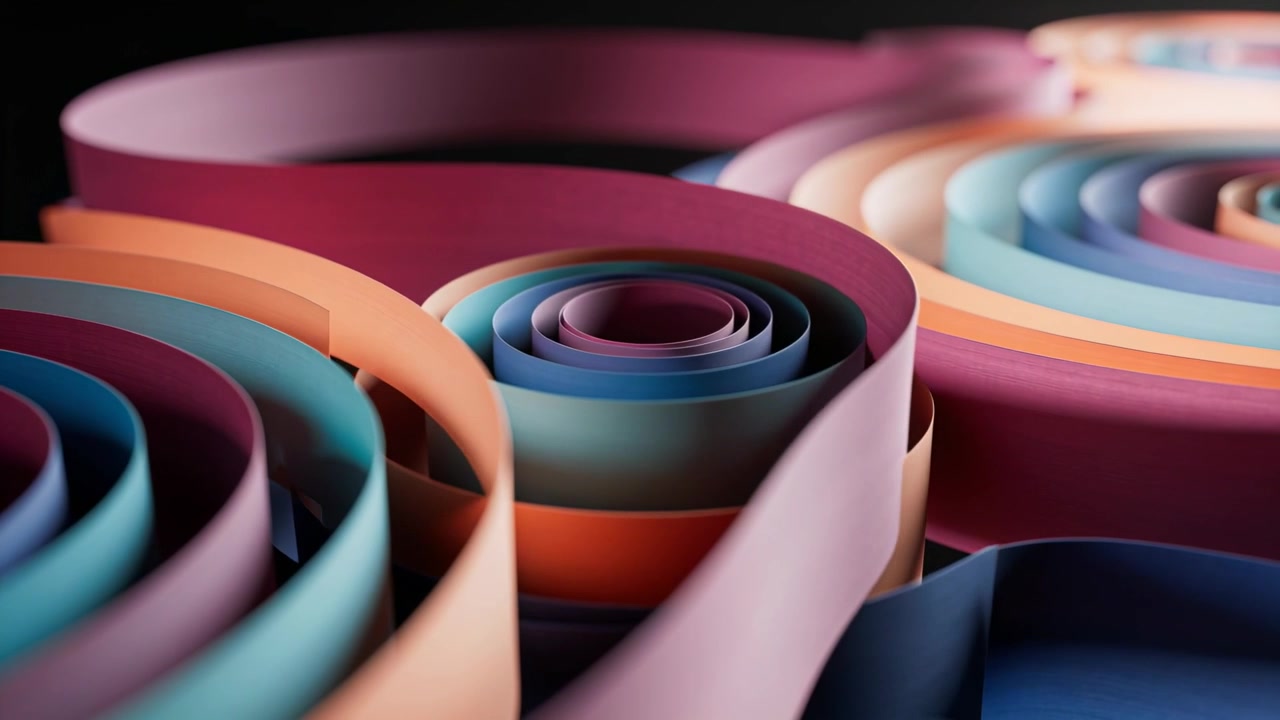 Shifting camera revealing inner layers on studio tabletop, highlighting colorful paper spirals