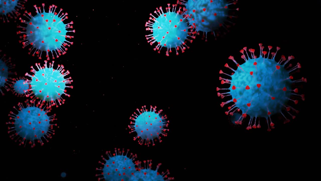 close-up coronavirus tipo covid-19, h1n1, gripe aviar o gripe porcina se mueven suavemente en fluido representación 3d del virus como fondo de bucle microscópico microbiológico. gradiente azul rojo 24