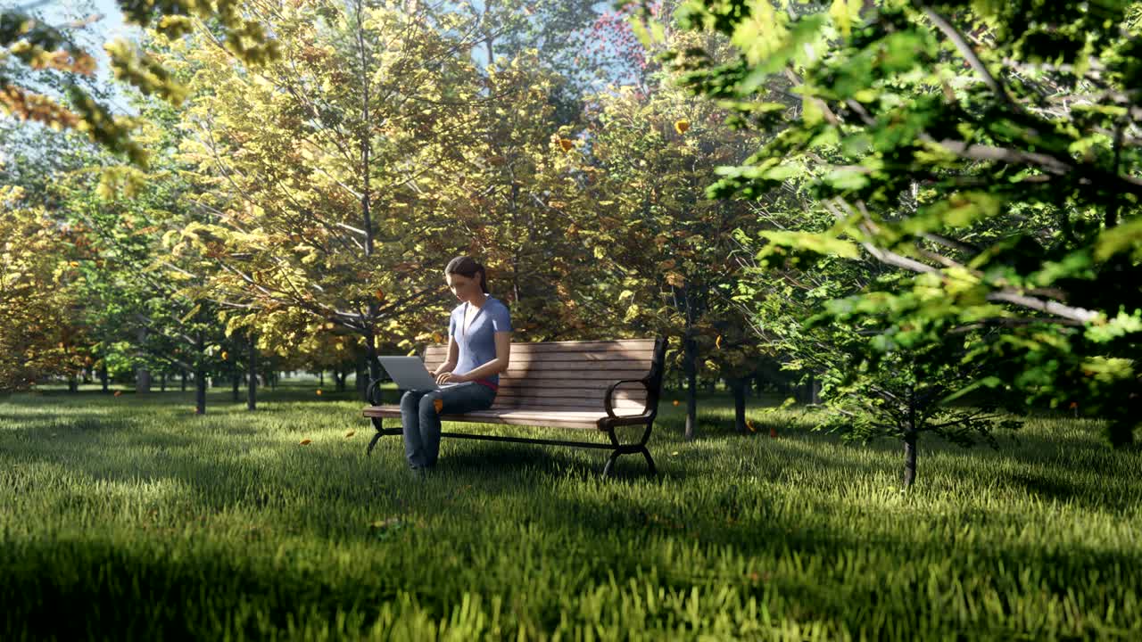 el parque de colores de otoño. vista de árboles de otoño coloridos en un soleado día de otoños. niña sentada con una computadora portátil en un banco en el parque. por hojas de otoño voladoras.