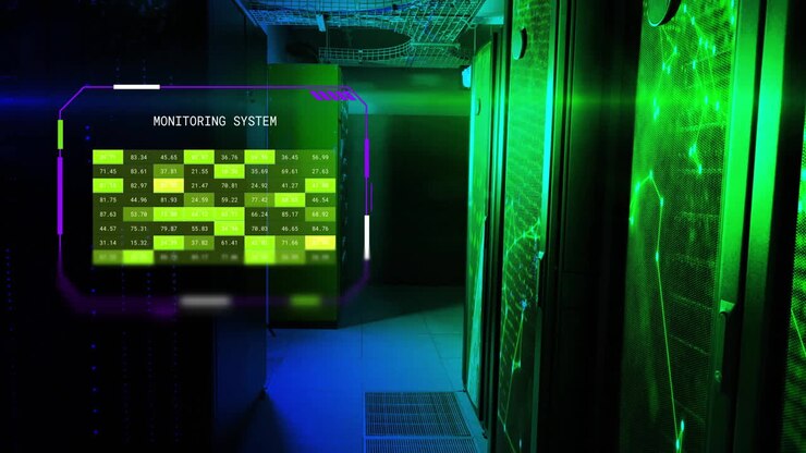 Animation of interface monitoring system over server room and yellow networks