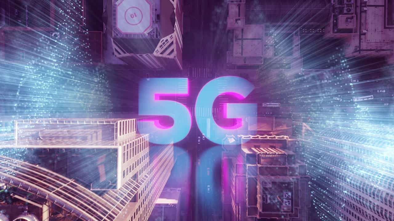 concetto di rete wireless 5g - aereo, dall'alto verso il basso sfondo città europa - animazione grafica 3d in movimento