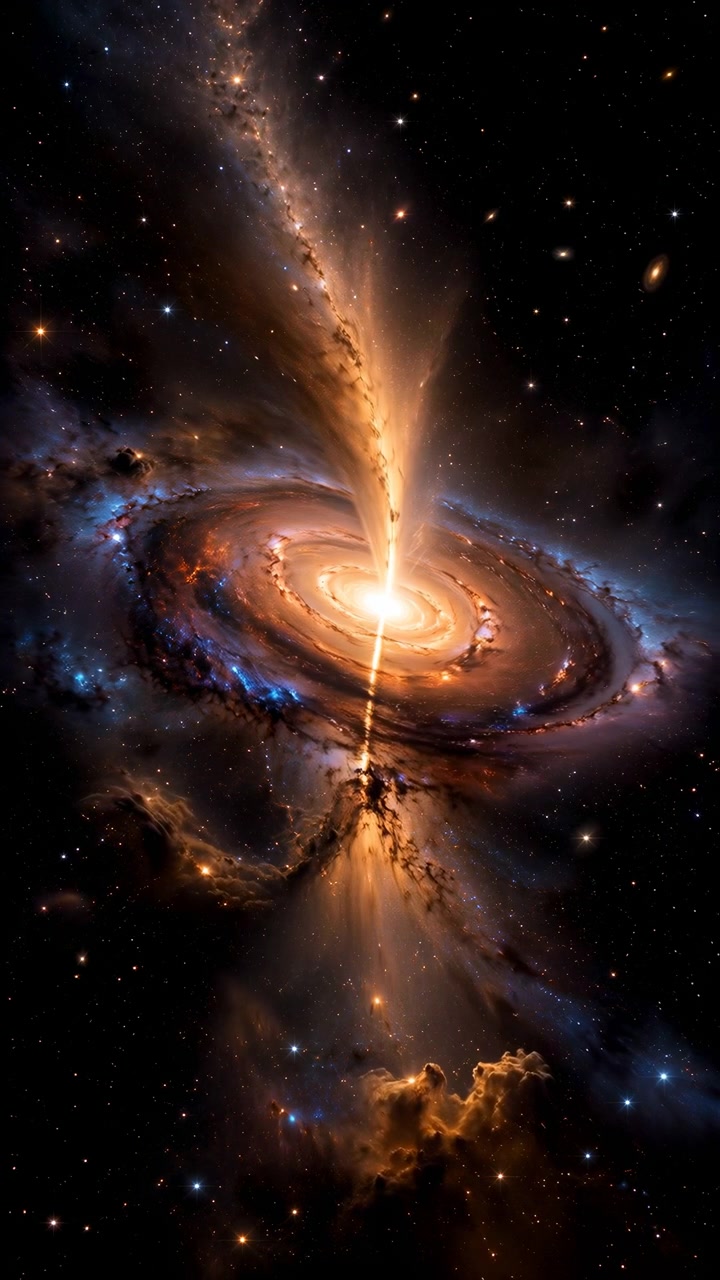 Lysende akkretionsskive med smal jetstråle, lys kerne, skrå spiralstruktur og tæt indre ring inden for glødende kosmiske skyer, dramatisk dyb rumscene med rig farvekontrast