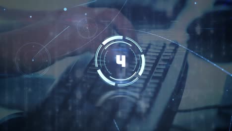 countdown timer over neon round scanner against mid section of person using computer
