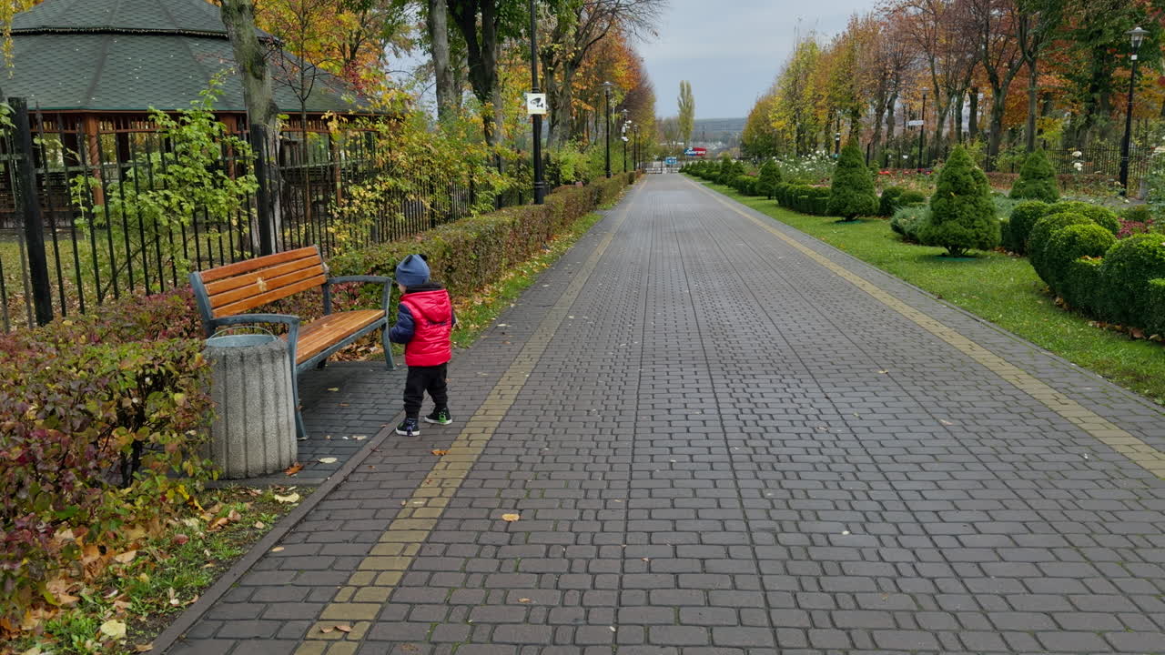 Lovely kid runs by the alley in beautiful autumn park. Toddler stops at the bench for a second and then continues to walk.