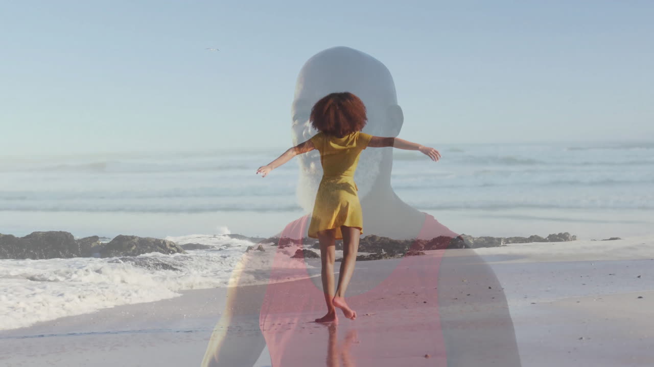 Dancing on beach, woman in yellow dress with animation of man's silhouette