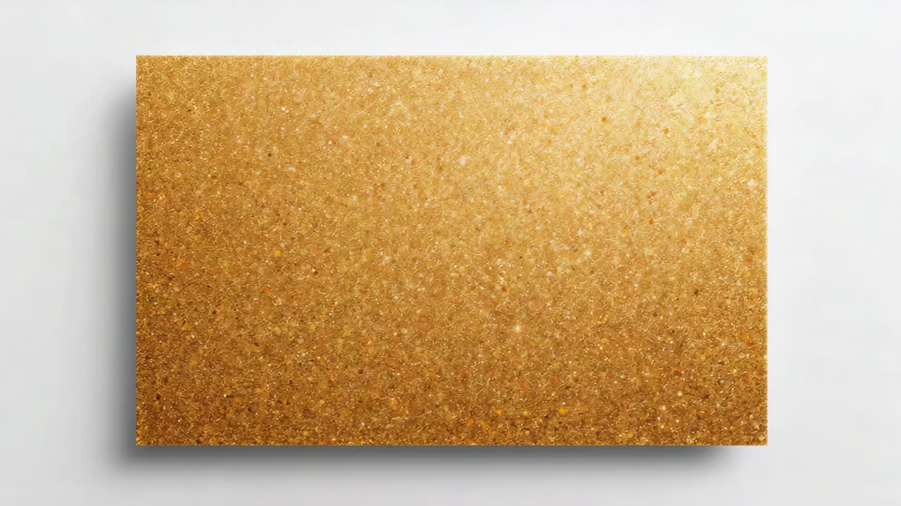 Visning af rektangulært guldpanel, der viser lette genskin, når lyset bevæger sig, hvid væg med blød skygge