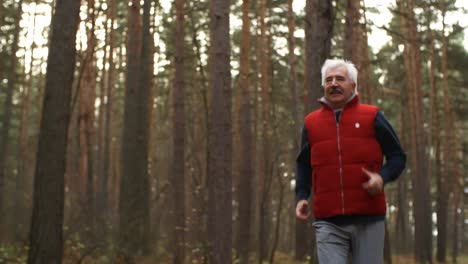 happy senior man running in the forest