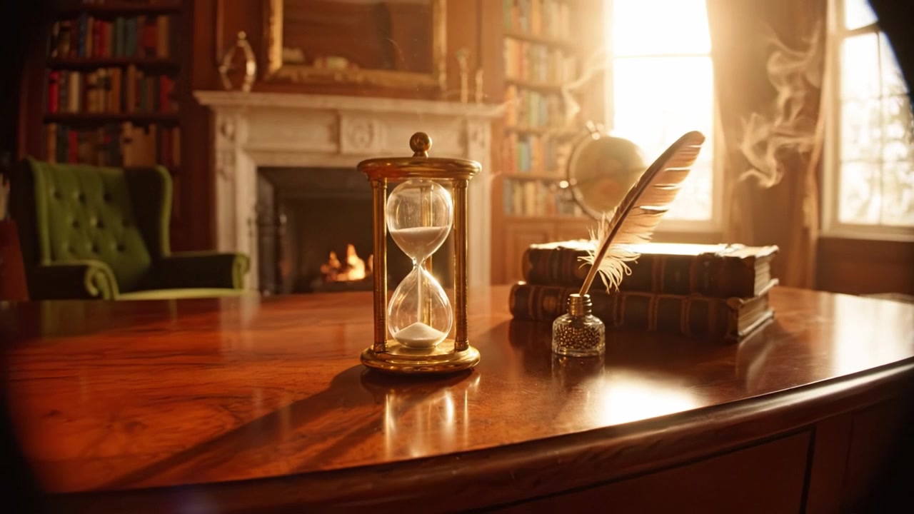 Uno studio elegante con una clessidra e un accogliente camino - un ambiente senza tempo per la riflessione e l'ispirazione in un'atmosfera serena e ricca di libri.