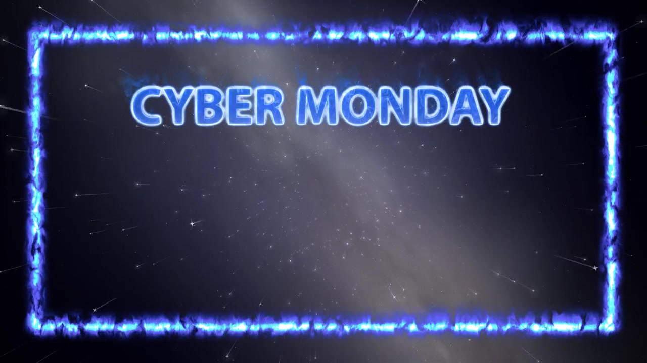 Cyber Monday tekst met blauwe vuurrand en bewegende sterren