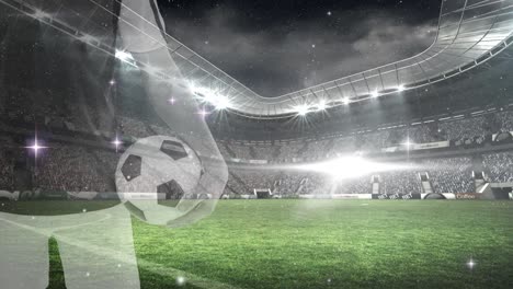 Animation-of-lights-and-midsection-of-male-soccer-player-over-stadium