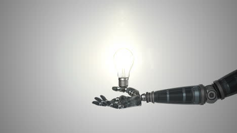 robotic hand presenting illuminated bulb against white background