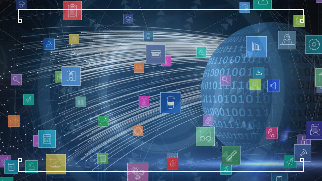 바이너리 코드와 불빛으로 지구 위에 떠다니는 아이콘의 애니메이션