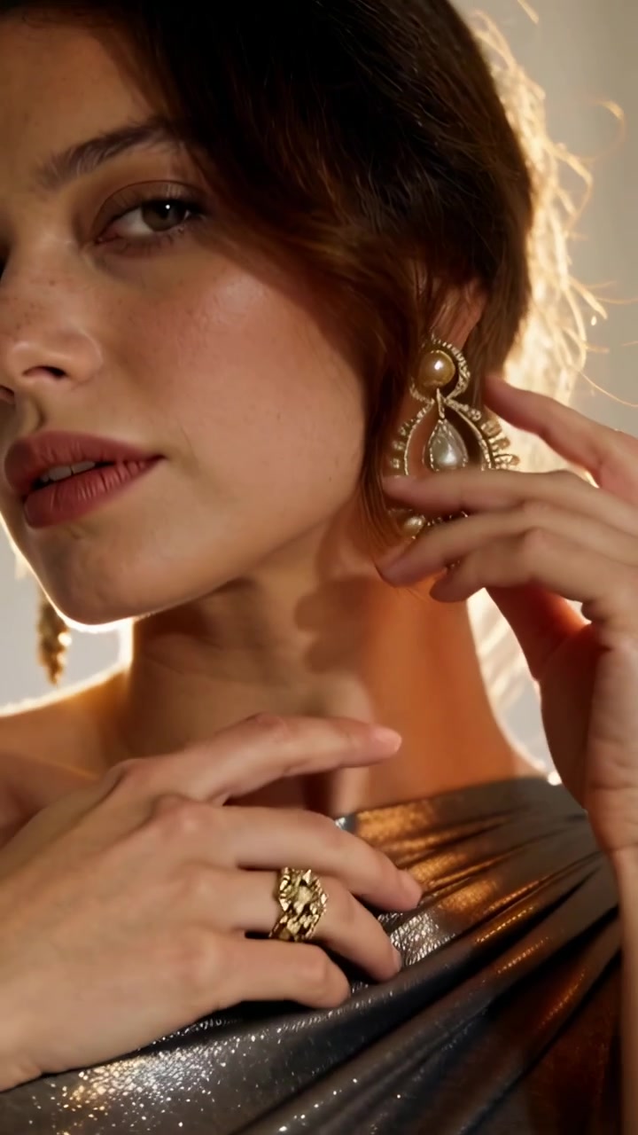 Video verticale: Modella in posa che solleva un orecchino d'oro, sistema un anello e mostra un abito metallico in studio.