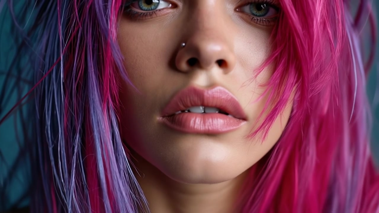 Primo piano di una donna con capelli rosa vivaci e occhi verdi che si tocca il viso