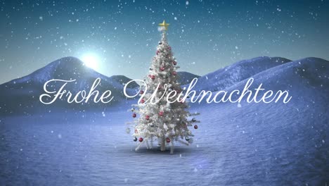 frohe weihnachten text and snow falling against christmas tree on winter landscape