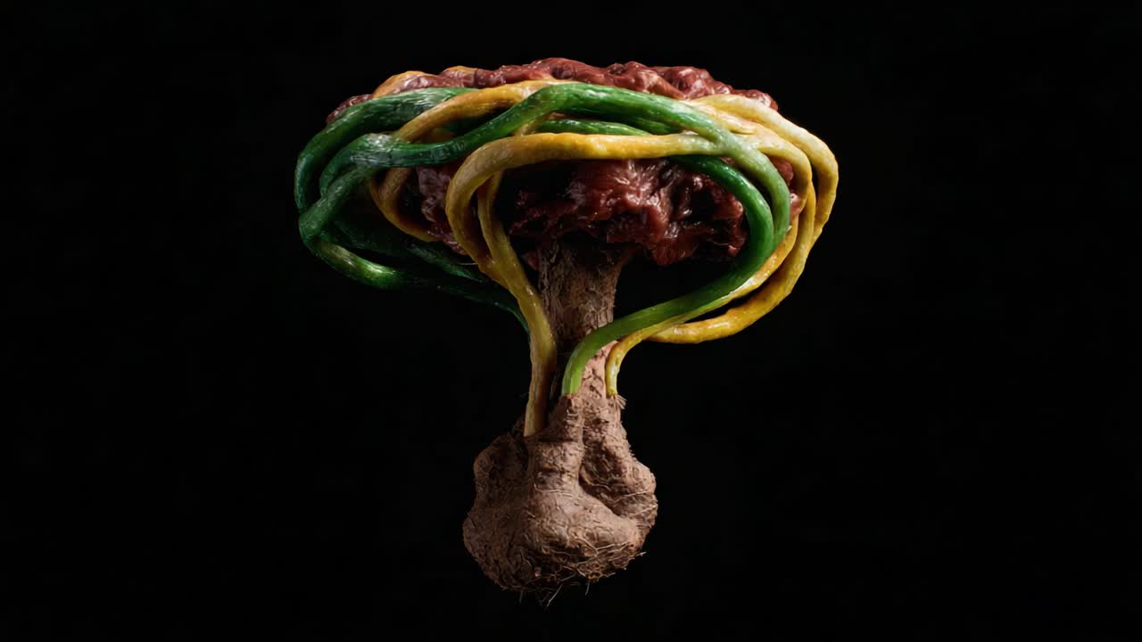 A Surreal Fusion of Nature and Imagination: An Organic Sculpture Featuring Vibrant Green and Yellow Tendrils Merging with a Rich Brown Base in an Artistic Representation