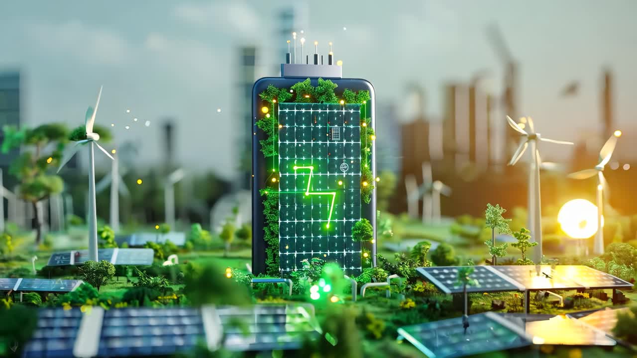 A green building with a green battery on it that says 7. The battery is surrounded by trees and windmills
