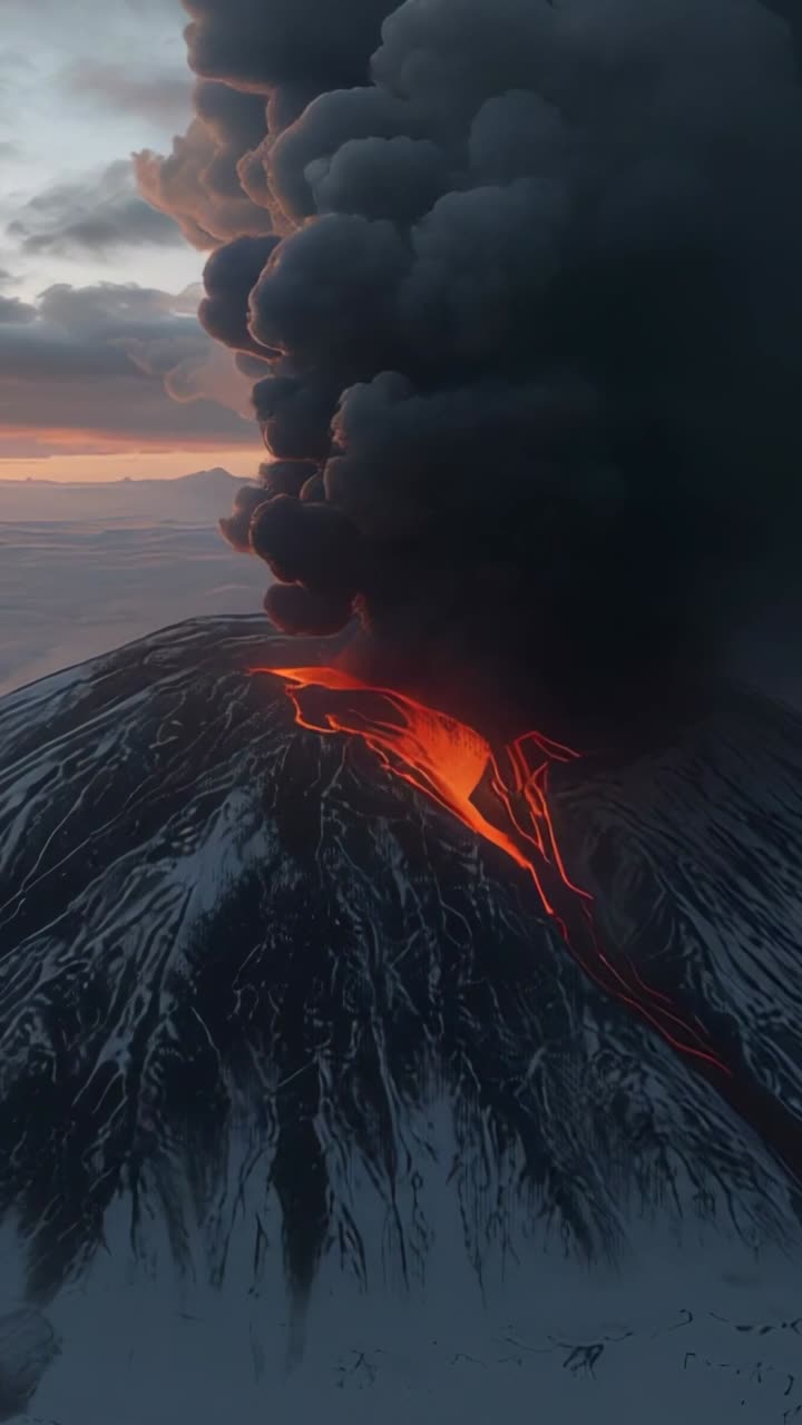 Vertical video: Oozing lava from summit vent carving channel down slopes at dusk, with ash plume
