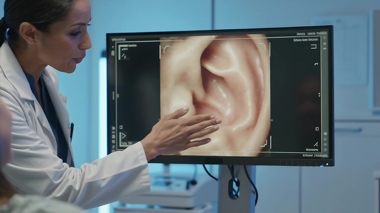 Clinico in camice che indica, inizia un esame in clinica, mostrando una scansione dell'orecchio, con il paziente appoggiato al poggiatesta.