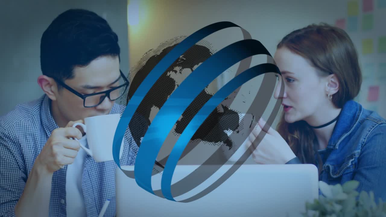 Colleagues sipping coffee at desk, initiating digital globe, rotating rings mapping tech data
