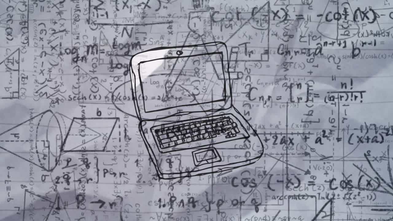Animation of cartoon laptop over math formulas on white background