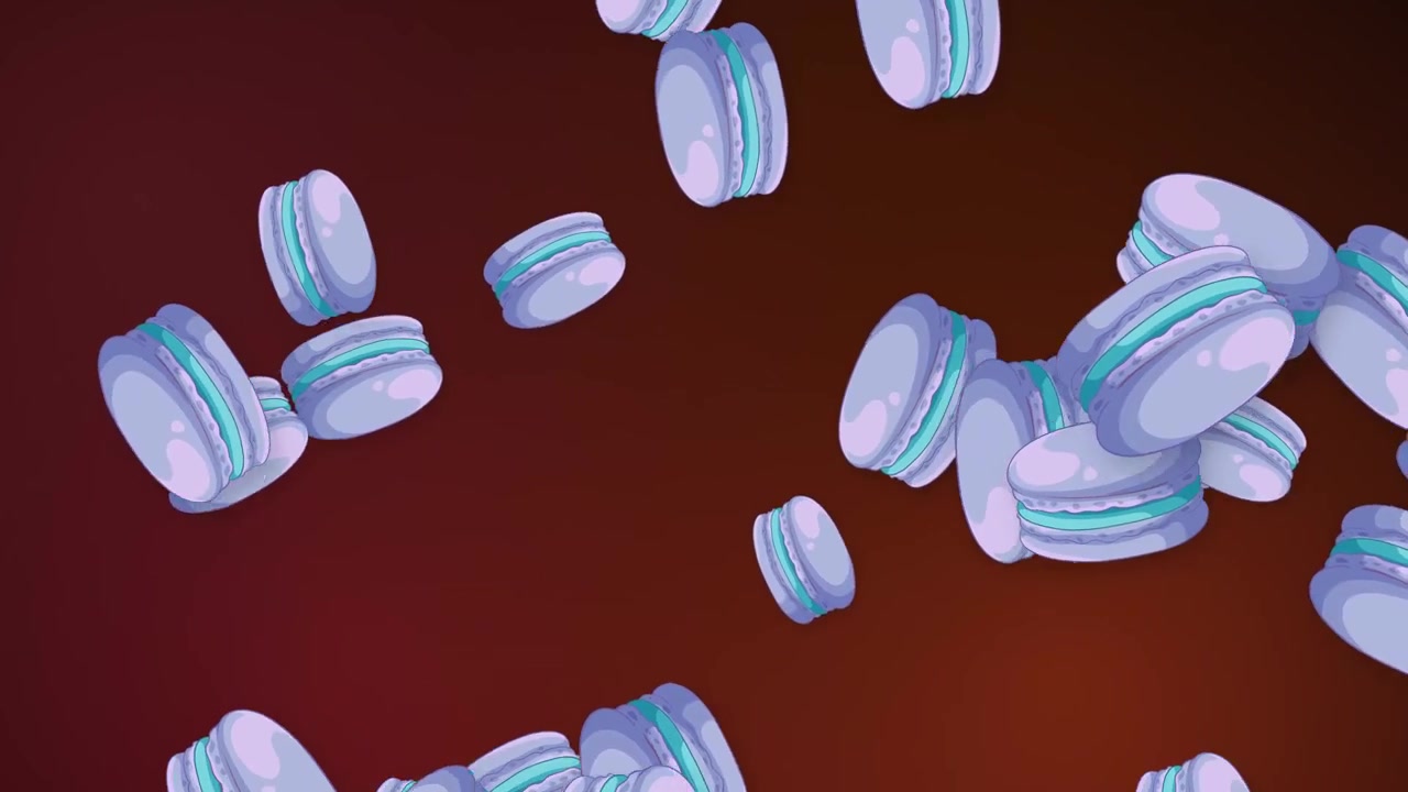 Stylized purple macarons fall and bounce across a dark red gradient mesh background in animation.