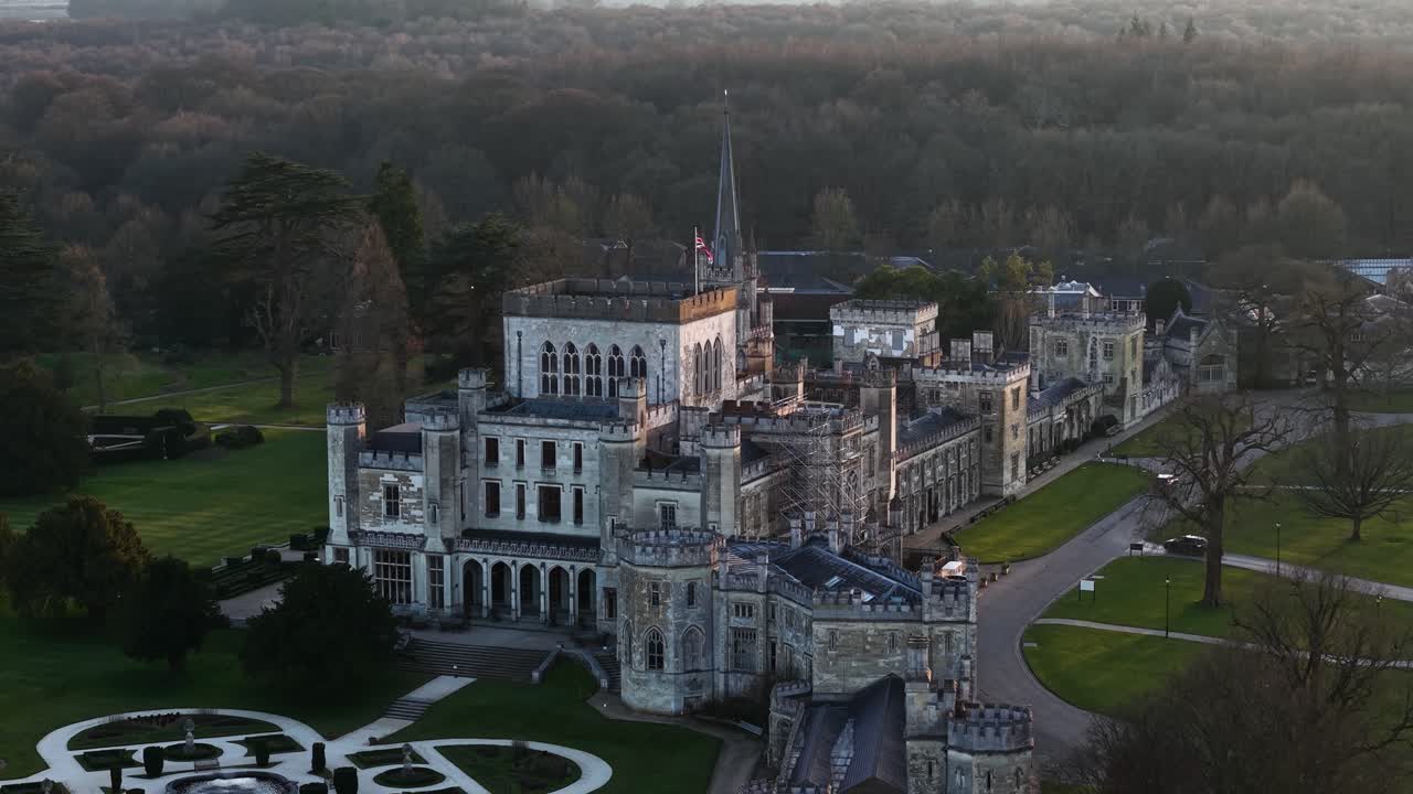 Ashridge House aerial view, historic castle in Hertfordshire, UK